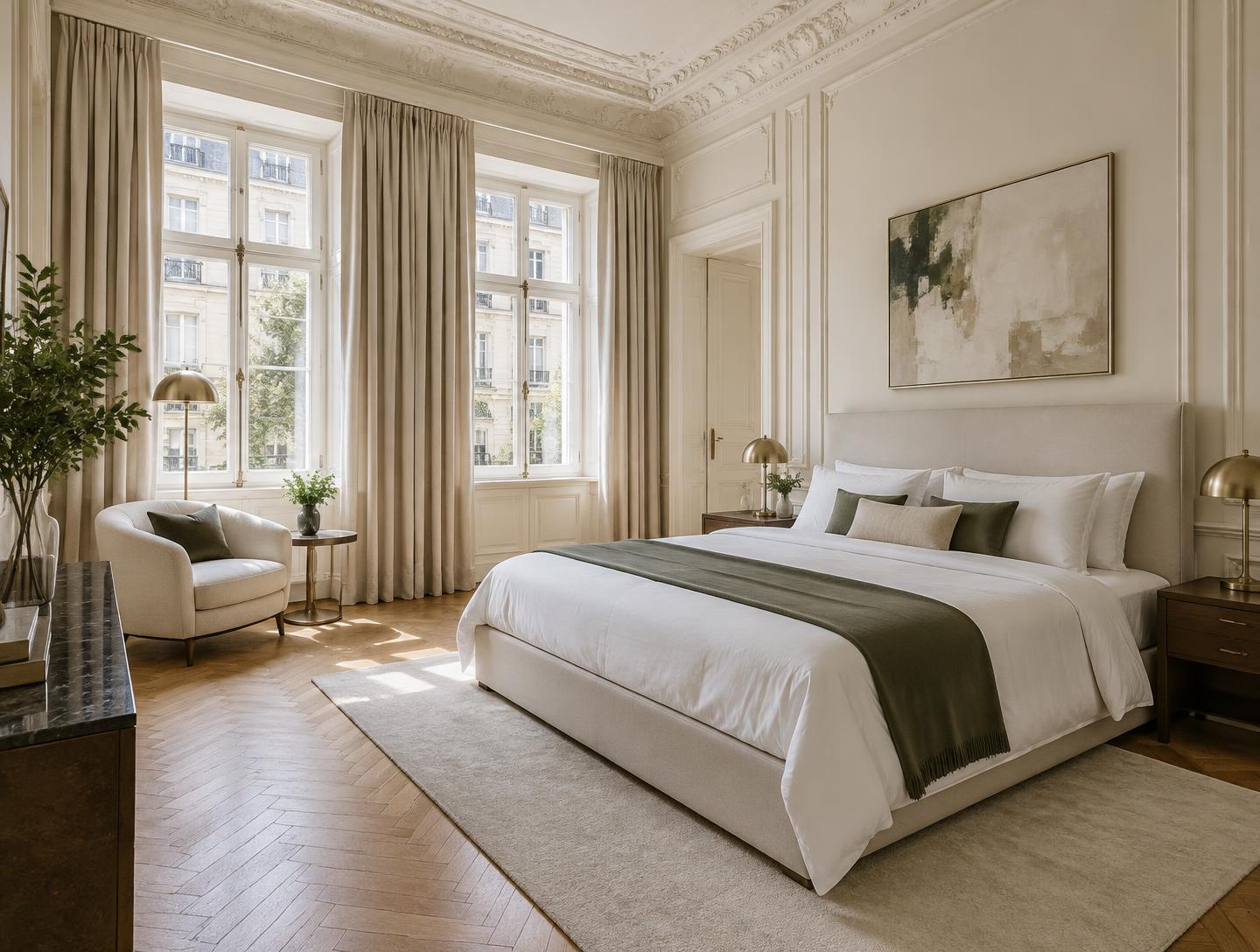 Apartmentreinigung in Wien – frisch bezogenes weißes Bett im hellen Altbau-Schlafzimmer