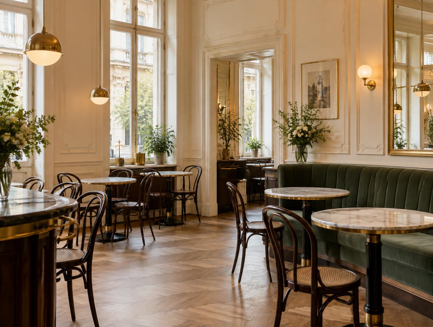 Gastronomiereinigung in Wien – helles Café mit sauberen, glänzenden Tischen